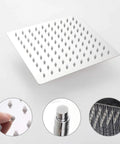 Single Function Shower Trim Kit With Rough In Valve And Square Rain Showerhead In Polished Chrome For Modern Bathrooms And Luxury Bath Faucet System Upgrade That Is Lit, showing square rain showerhead with nozzle details in polished chrome.