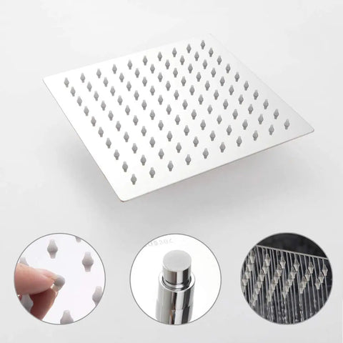 Single Function Shower Trim Kit With Rough In Valve And Square Rain Showerhead In Polished Chrome For Modern Bathrooms And Luxury Bath Faucet System Upgrade That Is Lit, showing square rain showerhead with nozzle details in polished chrome.