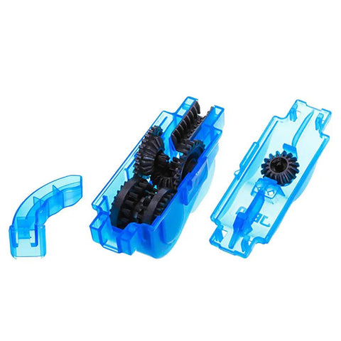 Ultimate Bike Chain Scrubber And Gear Cleaner Kit for road and mountain bikes with transparent blue durable plastic body and gears