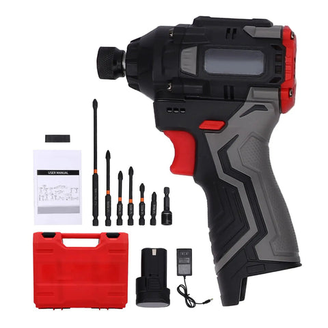 Heavy Hitter Cordless Drill Set featuring variable speed settings, 16.8 Volt rechargeable battery, charger, and bits in red case.
