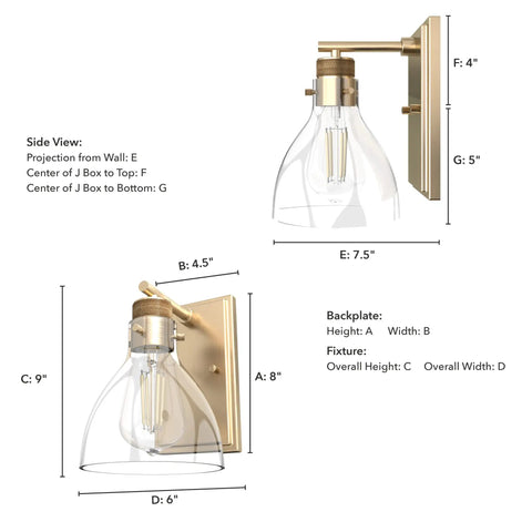 Technical drawing of Alturas Gold 1 Light Sconce in a medium size dimmable wall light with transitional style, clear glass shade.