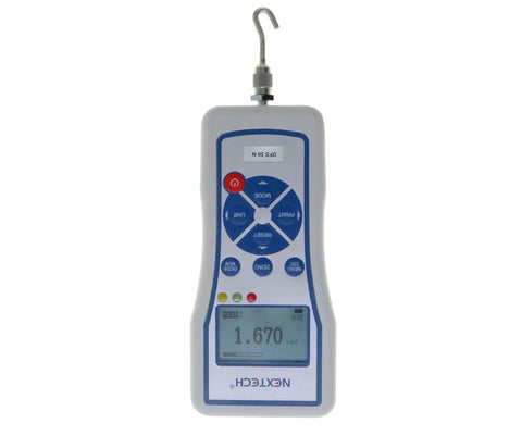 Digital Force Gauge Push Pull Meter With Peak And Track Modes Inverted Display Pass Fail LED USB Output Backlit Graphic LCD Rugged Metal Enclosure 100N Capacity 22lbf 10kgf 0.2 Percent FS Accuracy Stores 500 Readings For Quick Download, front view