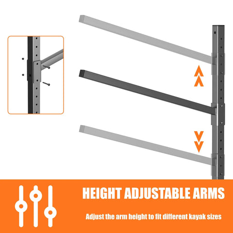 Kickass Heavy Duty Four Tier Kayak Storage Rack With Adjustable Wall Mount For Paddle Gear Organizer Solid Steel Frame showing height adjustable arms.