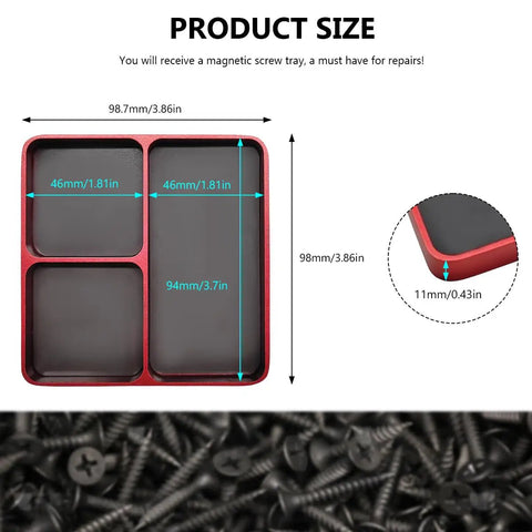 Image showing dimensions of Must Have Magnetic Parts Tray Aluminum Alloy Organizer For RC Screws With Magnetic Pad Three Compartment Car Workshop Small Tool Tray For Sockets Bolts Pins Auto Repair Accessories Red.