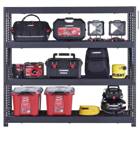 Industrial Steel Garage Shelving Unit Featuring Heavy Duty Metal Storage Rack With Adjustable Tier Layout For Badass Workshop Organization And Insanely Heavy Load Support, showing organized tools and storage boxes.