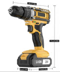 Heavy Duty Workhorse 20V Cordless Drill And Driver Tool Kit With 10Mm Keyless Chuck, showing dimensions and key features, yellow and black design.
