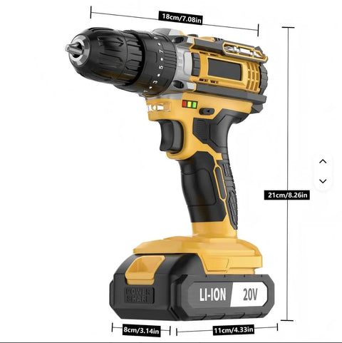 Heavy Duty Workhorse 20V Cordless Drill And Driver Tool Kit With 10Mm Keyless Chuck, showing dimensions and key features, yellow and black design.