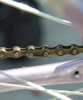 Close-up of a single speed bike chain for fixed gear and mountain bikes one half by one eighth inch 116 links tough as nails