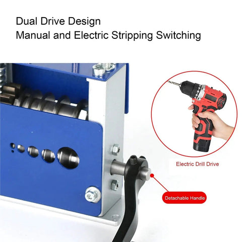 Professional Heavy Duty Wire Stripper Machine For Hand Crank Or Drill Powered Electrical Gig with detachable handle and drill drive connection.