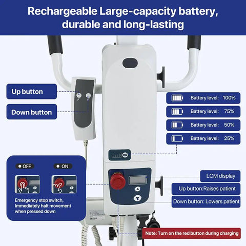 Control panel of Rock Solid Folding Electric Patient Transfer Lift 440 Lbs Capacity with buttons for patient lift operation.