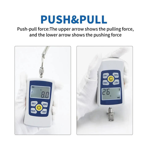 Hella Precise Digital Push And Pull Gauge Slick Force Tester Meter With Tight Five Newton Accuracy showing pulling and pushing force readings.