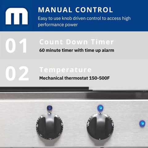 Manual control panel of Heavy Duty Double Stack Countertop Electric Convection Oven With Manual Temperature Dial And Mobile Casters Built Tough For High Volume Cooking No Sweat For Busy Kitchen Pros 208 Volt.