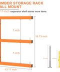 Lumber Storage Rack Wall Mounted, 13.11-inch heavy duty orange board holder dimensions with adjustable arms for organizing.