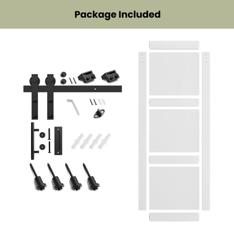 Knockout Farmhouse Style 32 By 84 Inch Sliding Barn Door hardware kit with track, rollers, and installation parts.
