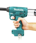 Pro Grade 18V Brushless Cordless Riveter With Serious Pulling Force in hand, lightweight turquoise design for easy use.