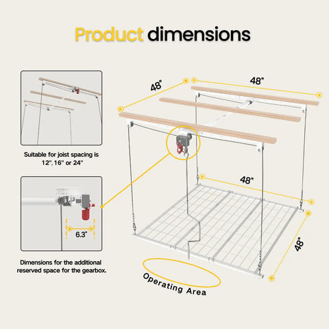 No Sweat Overhead Garage Storage Rack Straight Up Heavy Duty Ladder Free Ceiling Lift Tray dimensions diagram for 8 to 10 ft ceilings.