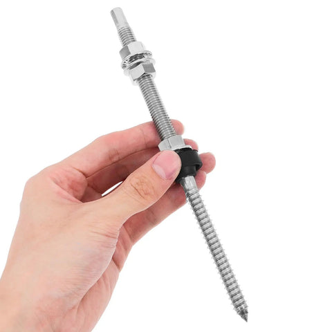 Heavy Duty Stainless Steel Solar Hanger Bolts With Slick Adjustable Height Mounts For All Weather Hitch Free Rooftop Installation And Bull Strong Panel Alignment held in hand