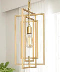 Gold Modern Four Tier Rectangular Pendant Light With Adjustable Frames hanging with a visible bulb in a bright room.