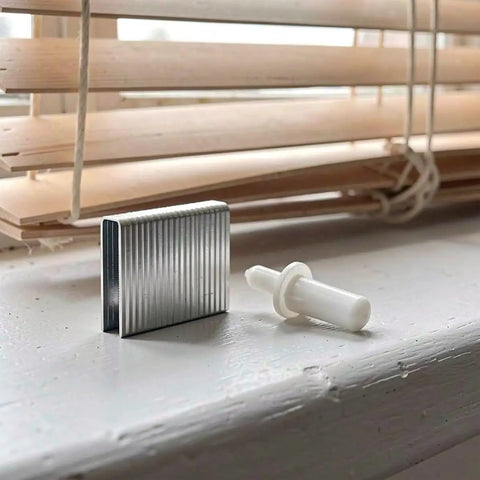 Top Shelf 30 Piece Window Shutter Repair Pin And Slat Clip Kit For Wood And Venetian Blinds, showing plastic clip and metal slat bracket.