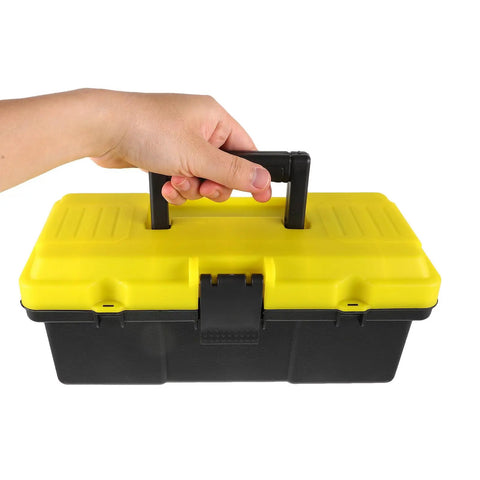 Hand holding the Totally Nifty Portable Plastic Toolbox With Heavy Duty Buckle And Comfy Grip designed for mechanics.