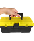 Portable Plastic Tool Box With Secure Buckles Lightweight Durable Storage Case For Outdoor DIY Projects held in hand.