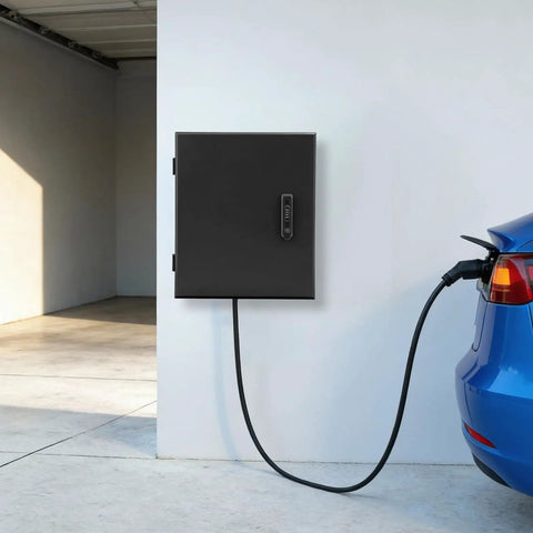 Hella Tough Wall Mounted EV Charger Outdoor Enclosure in rugged black steel connected to a blue car in a garage.