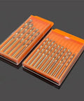 Orange Plastic Drill Bits Storage Box With Pull Out Design and visible twist drills inside, shown on a gray background.