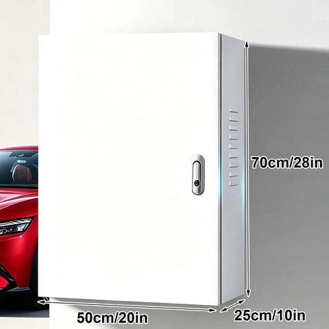 Heavy Duty Outdoor Electric Vehicle Charger Enclosure Rugged Cold Rolled Steel Weather Lock Box With Key Security Protection Case For Level 2 Charging Station Plug Guard, white wall mounted.