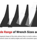 Side view of 80 Tool Modular Wrench Organizer Set Black With 12 One Tab Modules And 24 Three Tab Modules Plus Label Sheet For Easy Garage And Shop Organization And Quick Access In The Home Or Pros Shop Made In USA showing slot sizes.