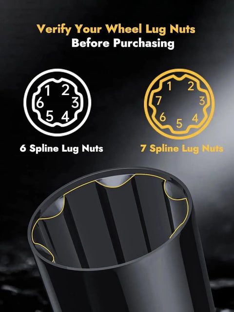 Pro Grade Precision Machined 6 Spline Mag Nut Key Socket Remover Fits M12x1.5 M12x1.25 showing 6 spline and 7 spline lug nut designs.