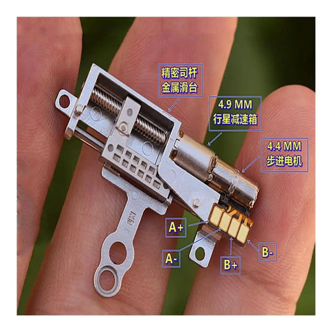 Close-up of 11mm Stroke Linear Actuator Tiny 5V 2-Phase 4-Wire Precision Metal Gearbox Gear Drive for micro DIY projects.