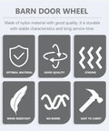 Heavy Duty Nylon Sliding Door Guide Wheel Pulley For Barn Door Track Systems features icons illustrating quality, durability, and ease of use.