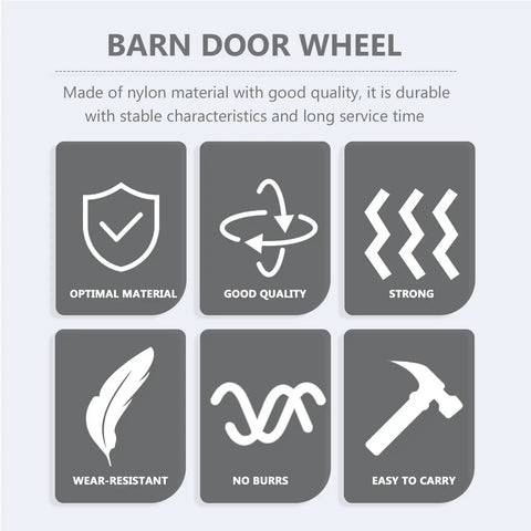 Icons displaying features of Heavy Duty Nylon Barn Door Track Hanging Guide Wheel And Pulley Set In Black for durability and quality.