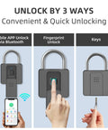 Heavy Duty Fingerprint Padlock With Bluetooth Outdoor Waterproof Smart Lock For Gates Fences Lockers Gyms Cabinets And Warehouses App Enabled 15 Fingerprints Includes 2 Keys showing app, fingerprint, and key unlocking methods