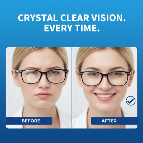 Lens Cleaning Wipes by Amazon, 220-count, individually wrapped; before/after glasses cleaning on blue packaging