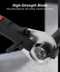 Close-up of heavy duty no BS electric hydraulic cable cutter blade for fast cutting of copper wire and armored cable with alloy tip.