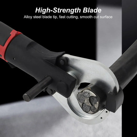 Close-up of heavy duty no BS electric hydraulic cable cutter blade for fast cutting of copper wire and armored cable with alloy tip.