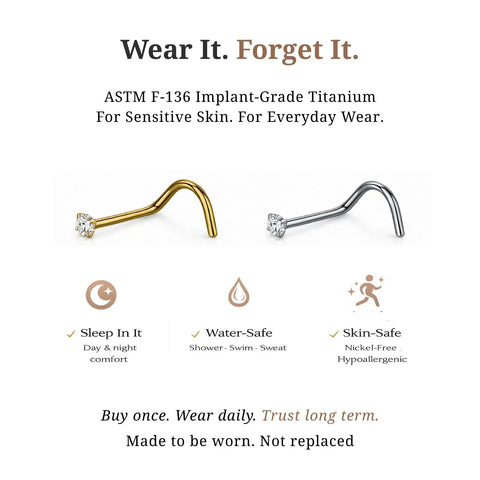 Implant Grade Titanium Nose Stud 20G with cubic zirconia, available in silver and gold, suitable for sensitive skin, everyday wear.