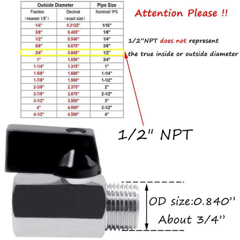 Diagram showing 1/2 NPT Brass Mini Ball Valve Female To Male Shut Off Valve Chrome Plated with size chart and annotations