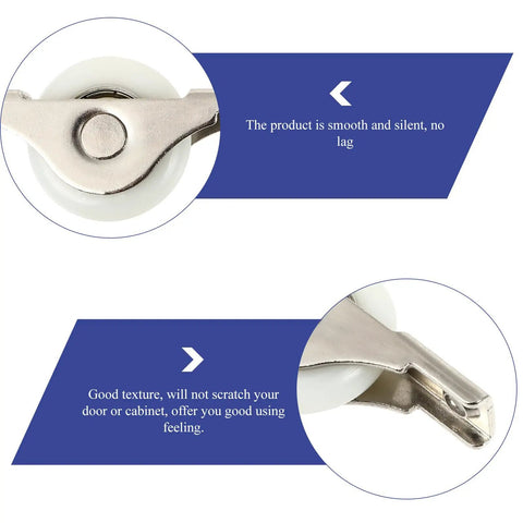 Close-up of Glides Like Butter Nylon Sliding Door Pulleys showing smooth roller and metal attachment for quiet operation.