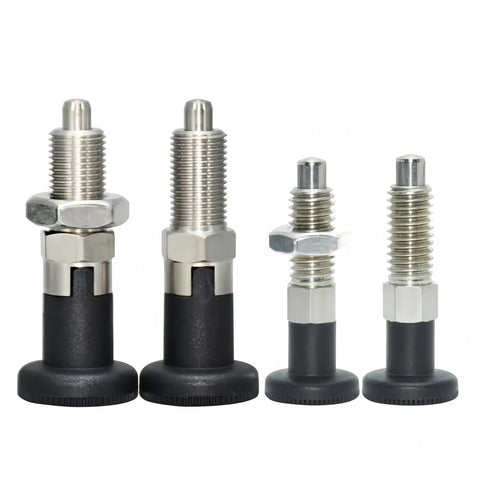 Dead Easy Stainless Steel 304 Index Plunger With Pull Ring And Lock Nut Screw Quick Acting Lock Pins Fits M6 M8 M10 M12 M16 showing four sizes in stainless steel and black base.