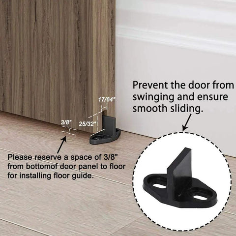 Rock Solid 11.5FT Barn Door Hardware Kit For Double Doors With Heavy Carbon Steel Rail Matte Black Finish showing floor guide installation.
