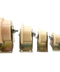 Heavy Duty Sliding Door Pulley Built Like A Brick With Silent Nylon Rollers That Glide Slick On H Type And U Channel Tracks, four sizes displayed.
