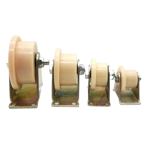 Heavy Duty Sliding Door Pulley Built Like A Brick With Silent Nylon Rollers That Glide Slick On H Type And U Channel Tracks, four sizes displayed.