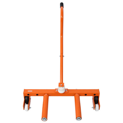 Heavy Duty Adjustable Tire Wheel Dolly Set Of Four 5500 Lbs Steel Car Mover With Beast Mode Grip Swivel Wheels And Anti Skid Plate For Rock Solid No Sweat Garage Hauls In Bright Orange, front view.