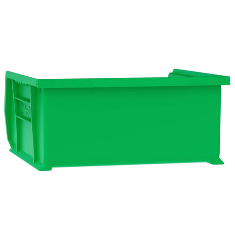 Heavy Duty Plastic Storage Bins Bundle With Secure Hooks, Stackable Industrial Containers, 15X8X7 Inch 12 Pack And 11X11X5 Inch 6 Pack side view of green storage bin.