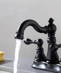 Two Handle Matte Black Bathroom Faucet With Pop Up Drain For 3 Hole 4 Inch Centerset Sinks, 360 Degree Swivel Spout