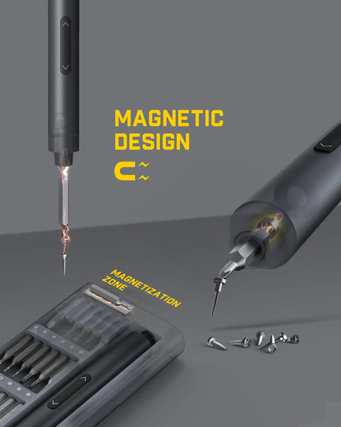 Mini Electric Precision Screwdriver Kit With LED Light And 24 Magnetic Bits shown with screws and magnetic feature