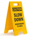 Caution Slow Down Pedestrians In Area Folding Floor Sign 25 By 12 Inches Plastic Black On Yellow Big And Bright Double Sided Durable Sign With Easy Carry Handle For Indoor Or Outdoor Use.
