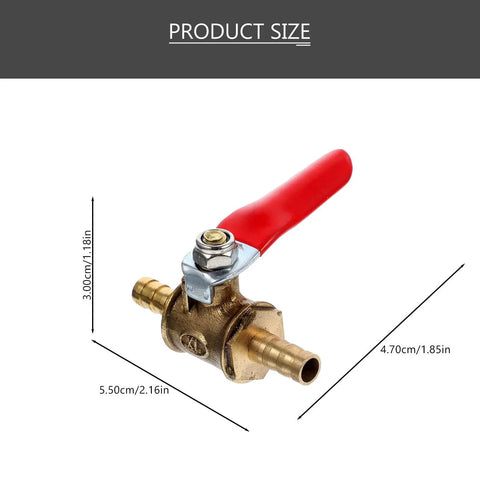 Kickass 2Pcs Copper Ball Valve 6MM Fittings With Red Handle Hella Tough, showcasing dimensions and design for irrigation systems.